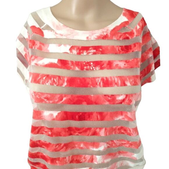 Red White Striped Top Small Mesh Sheer Stripes Tie Dye Lightweight Knit Pullover - Picture 2 of 16